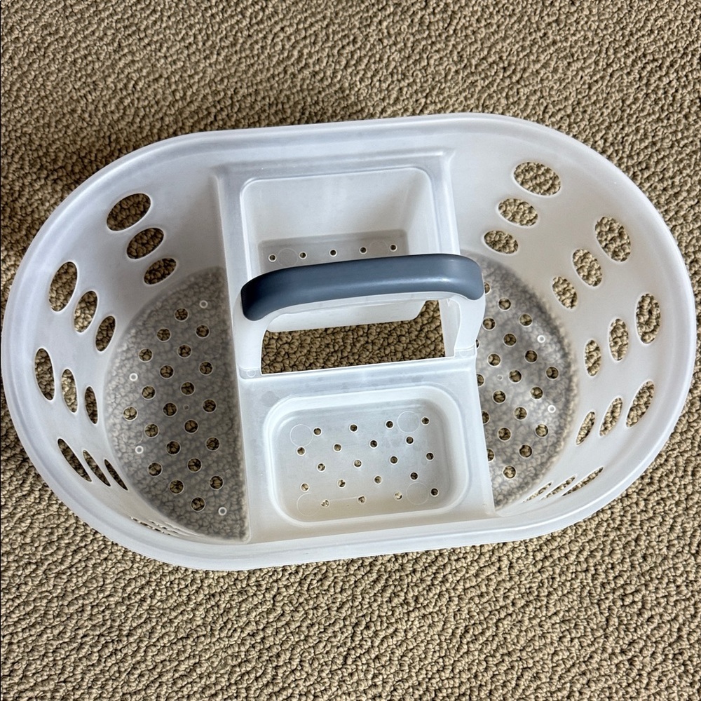 Oval White shower caddy with Gray Handle
